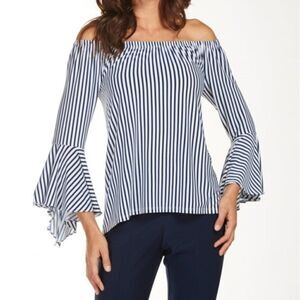 Frank Lyman Top Off The Shoulder Navy White Striped Fluted Sleeves Women's 6 NWT